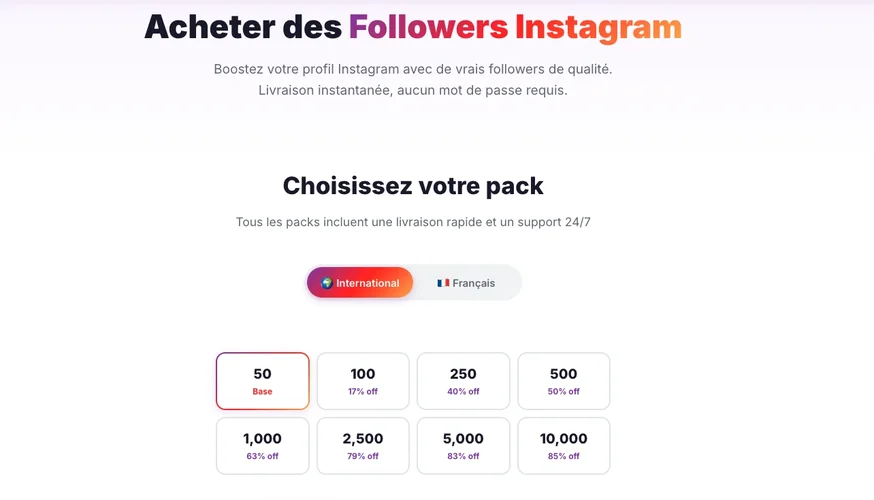 Sélection des packs de followers Instagram sur Followers Lab