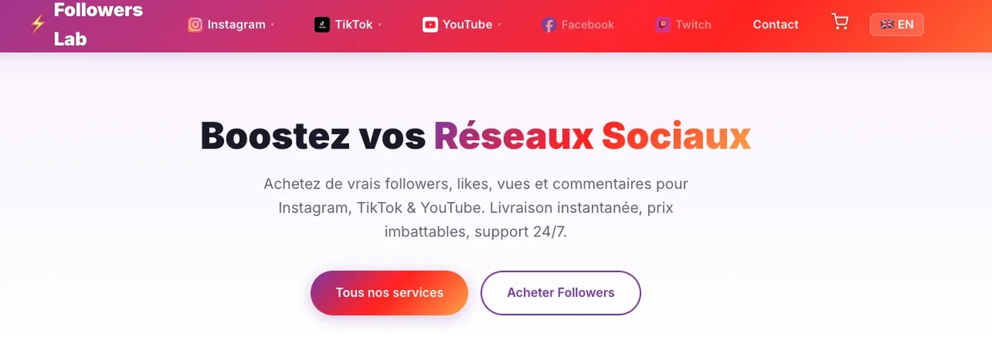 Page d'accueil de Followers Lab pour acheter des followers Instagram